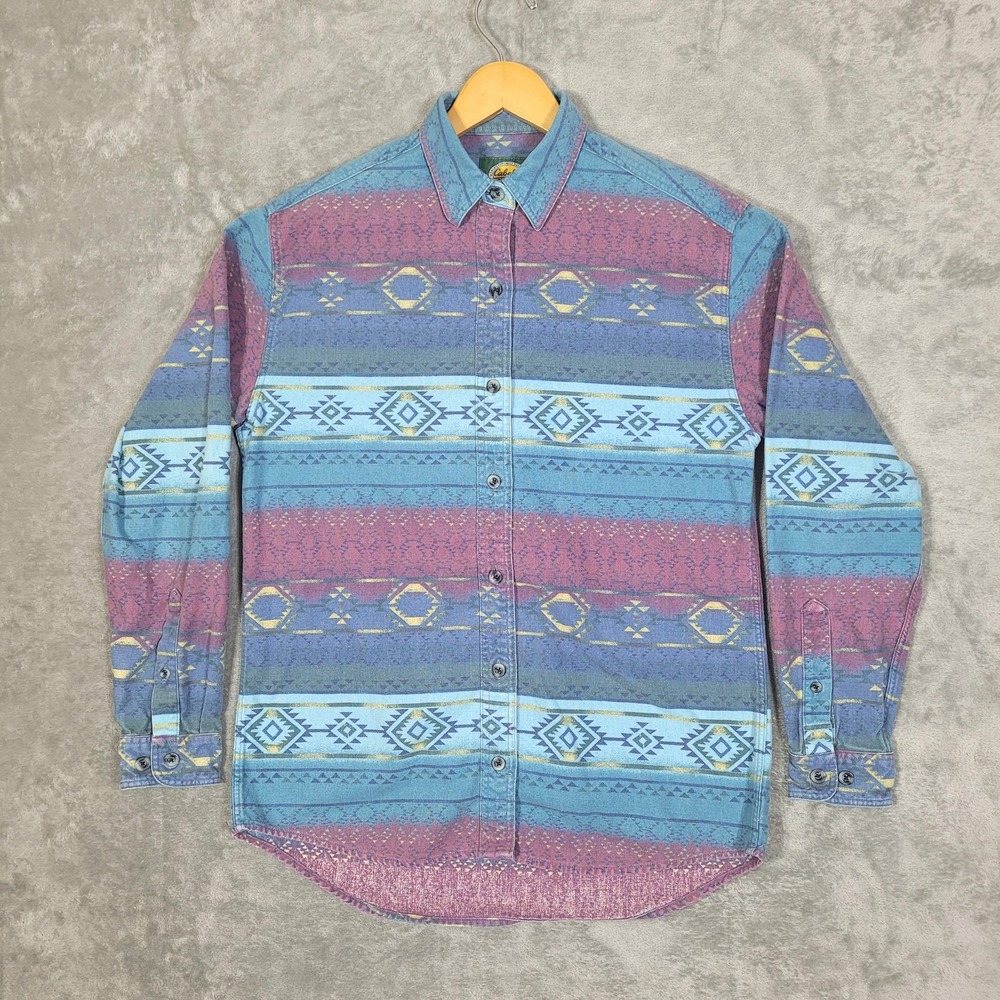 Cabela's Shirt Womens Small Blue Purple Aztec Southwest Western Cotton Button Up